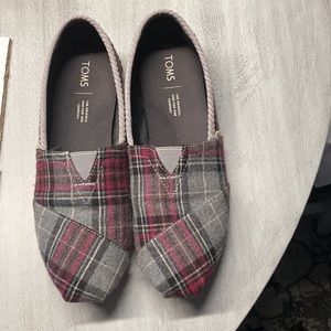 Tom’s Black Grey Pink Plaid Slip Ons